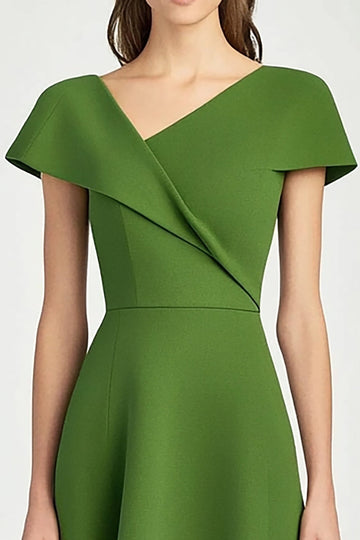Green A Line Cap Sleeve V-Neck Satin Long Work Dress